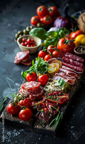 An appetizing charcuterie board brimming with a selection of cured meats, cheese, fresh tomatoes, basil, and an egg, artistically arranged on a rustic wooden surface.
