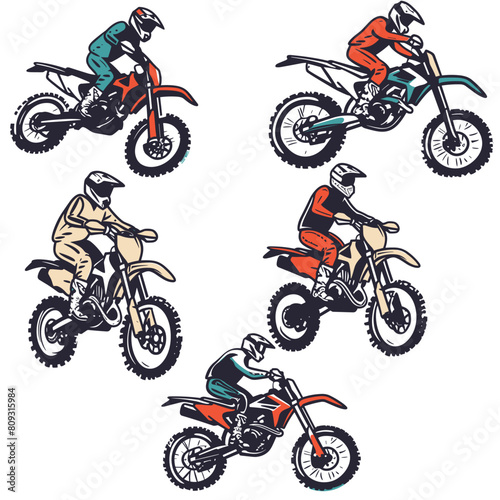 Motorcycle riders racing bikes offroad, motocross sports action. Motocross athletes wearing helmets, riding dirt bikes, competition. Set riders dynamic poses, extreme sport biking