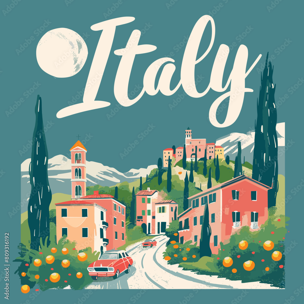 Travel to Italy. Vector illustration with old town in flat style.