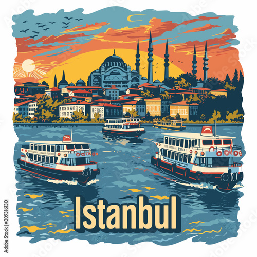 Istanbul, Turkey. Vector illustration with famous landmarks and boats.