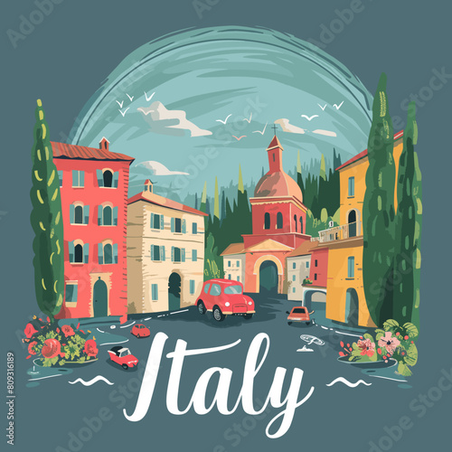 Italy travel poster. Vector illustration in flat style with cityscape.