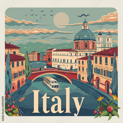 Venice Italy travel poster. Vector illustration in flat style. Travel to Italy.