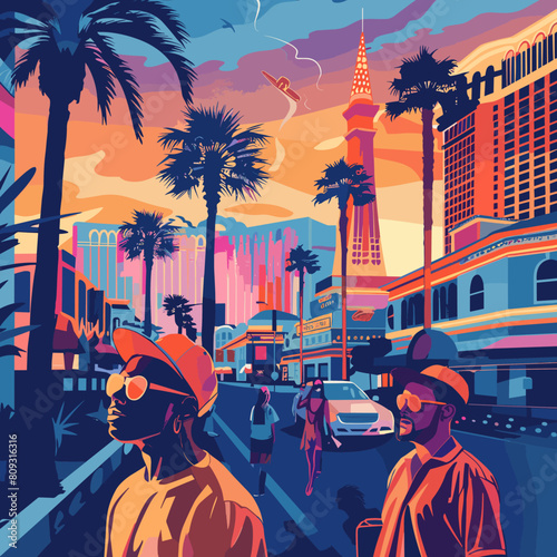 Tourists in Las Vegas strip. Vector illustration