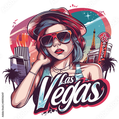 Vector illustration of a beautiful girl in a hat and sunglasses on the background of Las Vegas.