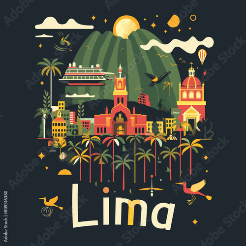 Lima, Peru. Vector illustration in flat style on dark background.