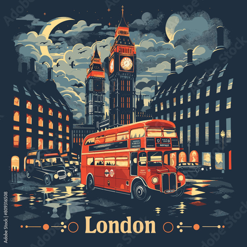 London vector illustration with double decker bus, Big Ben and houses.