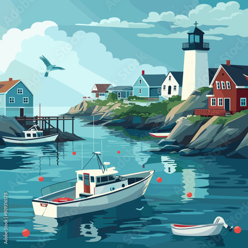 Seascape with fishing boats and lighthouse. Vector cartoon illustration.