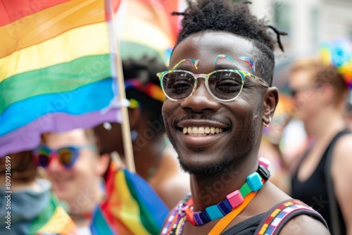 Man Celebrating at Pride Parade With Colorful Rainbow Flag
