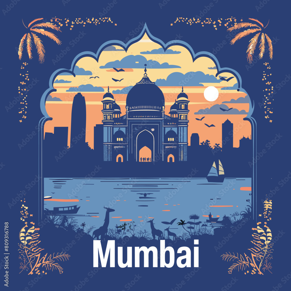 Taj Mahal india travel poster in flat style design vector illustration ...