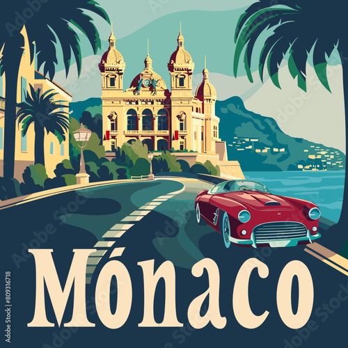 Monaco travel poster with car on the road, vector illustration.