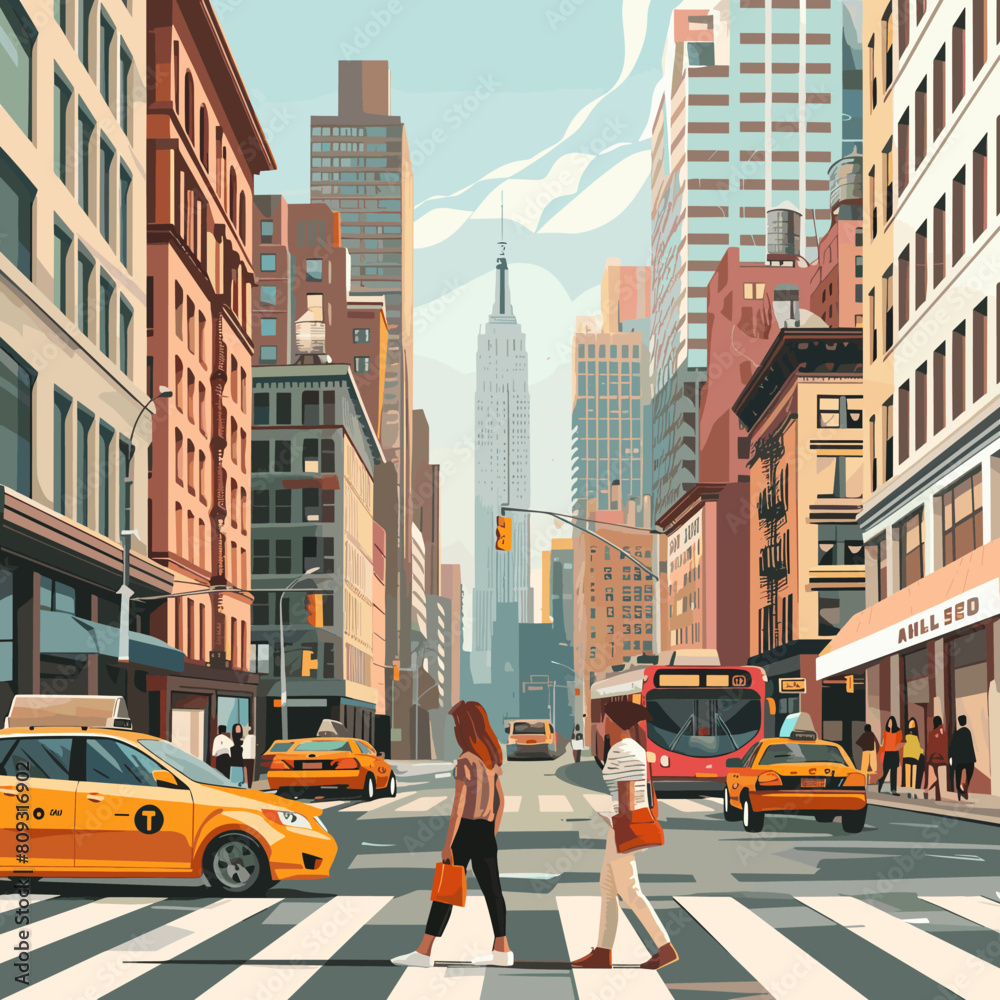 New York City street. Pedestrians cross the street. Vector illustration