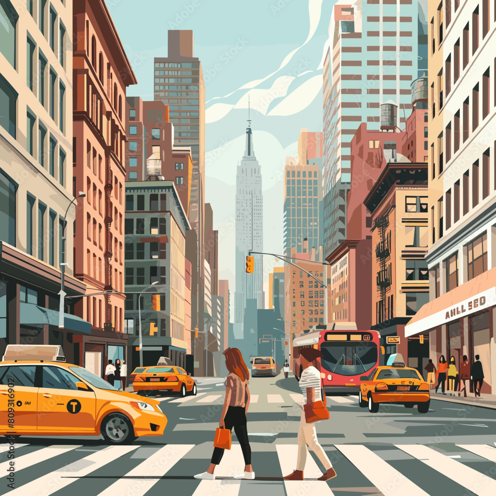 Fototapeta premium New York City street. Pedestrians cross the street. Vector illustration