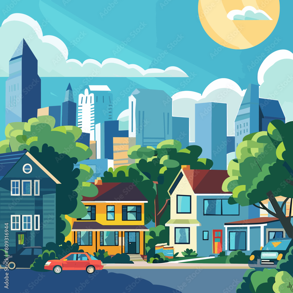 City landscape with houses, trees and buildings. Flat style vector illustration.