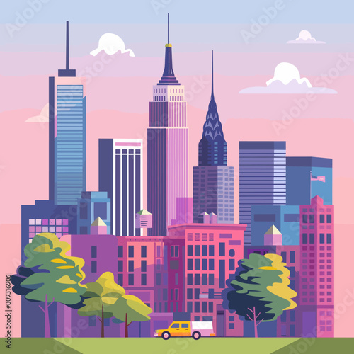 City landscape with skyscrapers in flat style. Vector illustration.