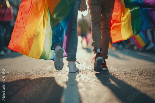 two people holding hands and pride flags photo