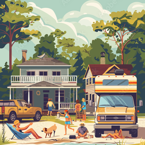 Family camping in nature. Vector illustration in flat cartoon style. Tourists and camper on the background of the house