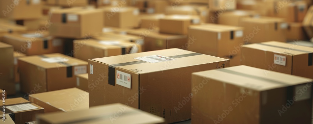 Warehouse full of cardboard boxes for delivery Warehouse full of cardboard boxes for delivery