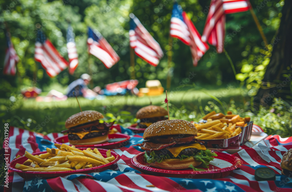 USA independence day concept, picnic with flag and tipical food USA independence day concept, picnic with flag and tipical food