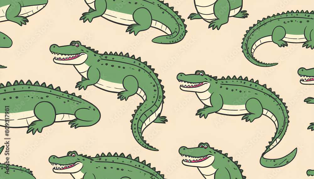 Fototapeta premium Seamless pattern with cute crocodile on light background. Flat style vector illustrations can be used for packaging paper, fabric, textile, wrapping paper, fabric, textile, etc. 