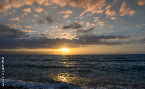Sunset over the sea in Mediterranean sea.