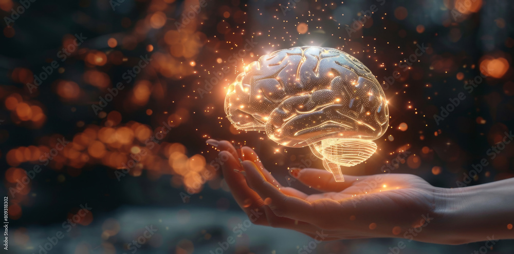 A hand holding the glowing brain model, digital data and technology ...