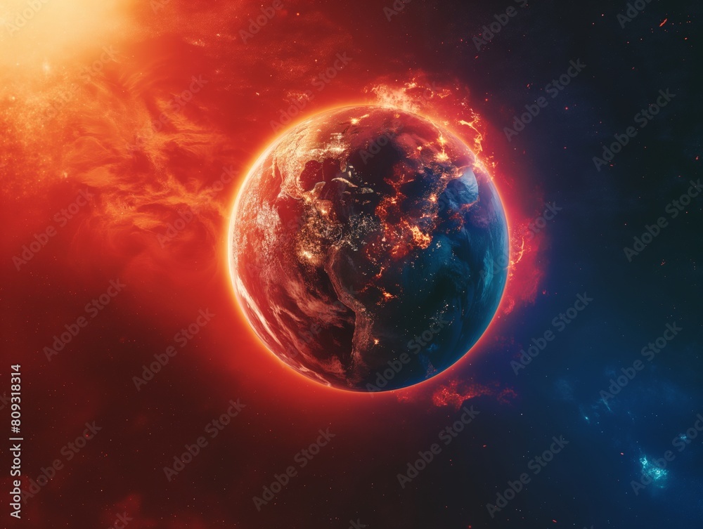Red hot planet seen from space, illustrating the concept of global warming