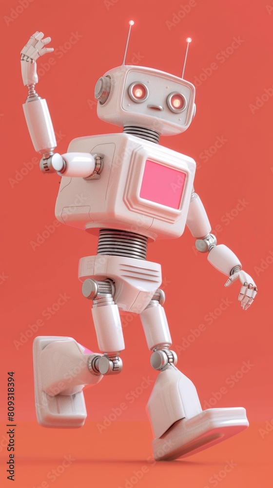 Naklejka premium Friendly robot waving on orange background