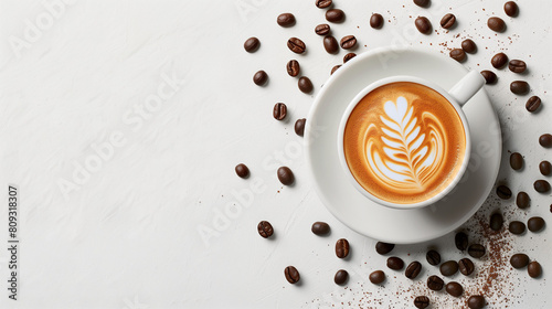 Flat lay of coffee beans and cappuccino on a white background with space for copy, in a top view.