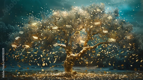 Magical money tree with dollars falling from the branches
