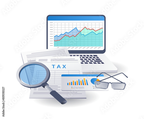 Income tax financial analysis data, flat isometric 3d illustration infographics