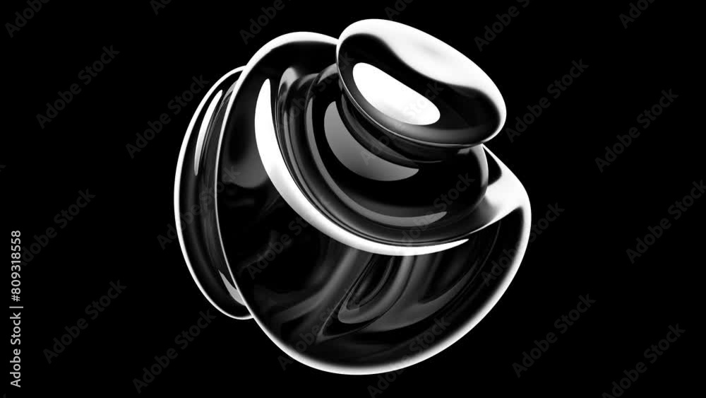 3d render of abstract art with surreal 3d organic alien ball or liquid substance in curve wavy smooth and soft biological white lines forms in glossy transparent plastic material on black background