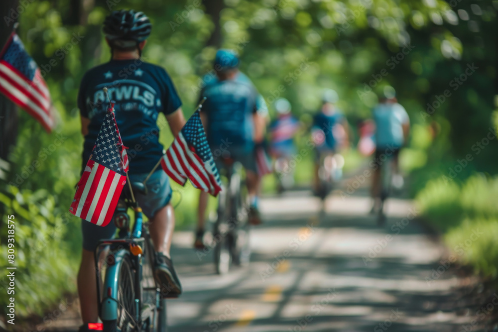 Fototapeta premium Group of People Riding Bikes Down Road. Generative AI
