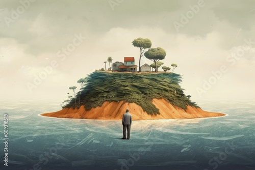 A man is standing on a small island in the middle of the ocean