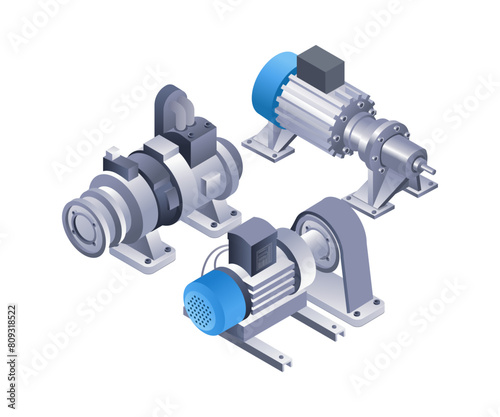 Industrial water pump machine infographics flat isometric 3d illustration