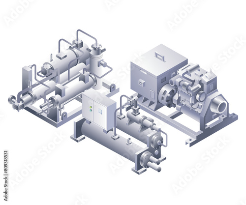 Industrial machine pipe tube water cooler infographic flat isometric 3d illustration