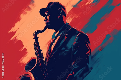A man in a sharp suit and stylish hat playing a saxophone with skill and passion