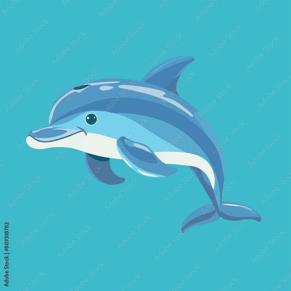 Fototapeta premium Smiling cartoon dolphin swimming in clear blue water.