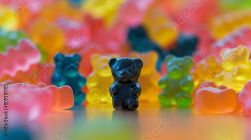 Unique black gummy bear standing out in a colorful crowd © Denys