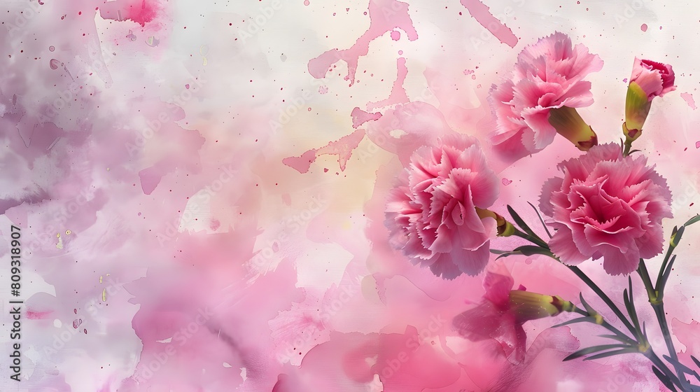 Pink carnation flowers on a watercolor background, copy space.
