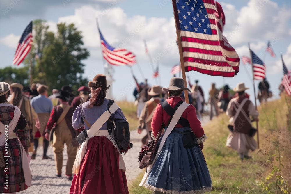 Naklejka premium Group of People Walking Down Road With American Flags. Generative AI