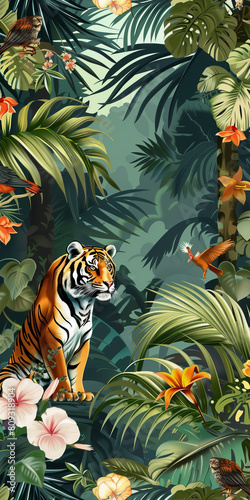 Majestic Tiger in Lush Tropical Jungle with Birds