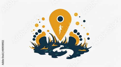 An iconographic representation of a footpath walking trail route marked with a pin location logo, including a pointer for trekking routes and footsteps silhouettes, designed as a vector footprint logo photo