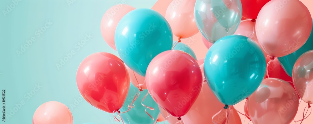 Pastel balloons on blue backdrop for celebrations