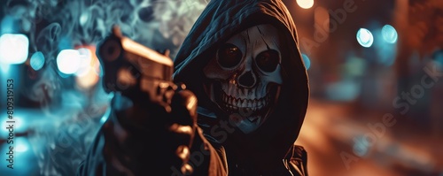 A man in a mask with a gun in his hand aims at an unknown aboutbjekt. photo
