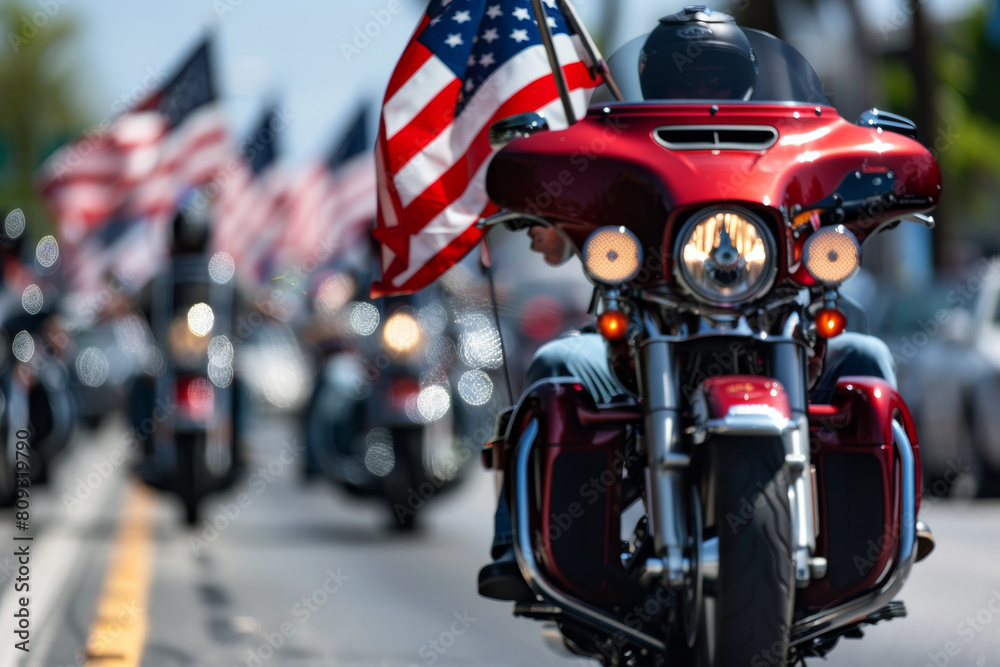 Group of Motorcycles Driving Down a Street. Generative AI