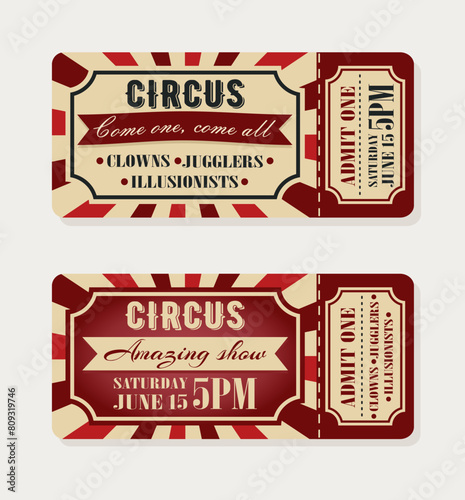 Vintage circus tickets. Vector illustration isolated on white background.