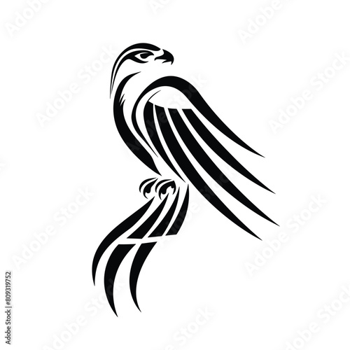 Stylized black and white hawk illustration on white background.