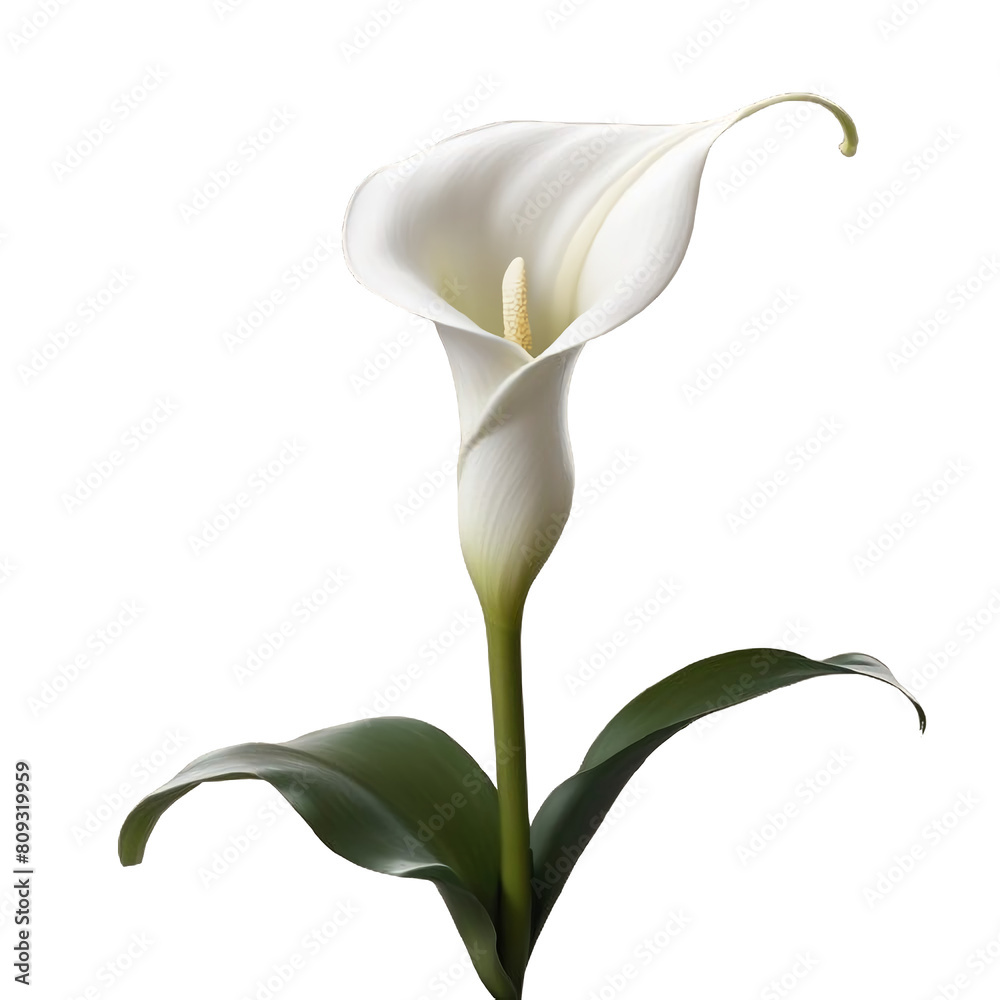 TRANSPARENT PNG ULTRA HD 8K A graceful white calla lily, with its elegant curves against a simple, transparent backdrop TRANSPARENT PNG ULTRA HD 8K A graceful white calla lily, with its elegant curves against a simple, transparent backdrop