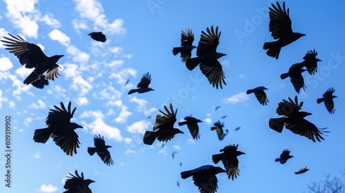 Many jackdaws flying in the azure sky photo