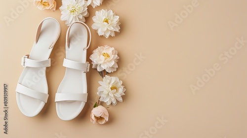 Spring or summer women's fashion footwear featuring white dress sandals with flowers, elegantly arranged on a pastel beige background, complete with ample space for text